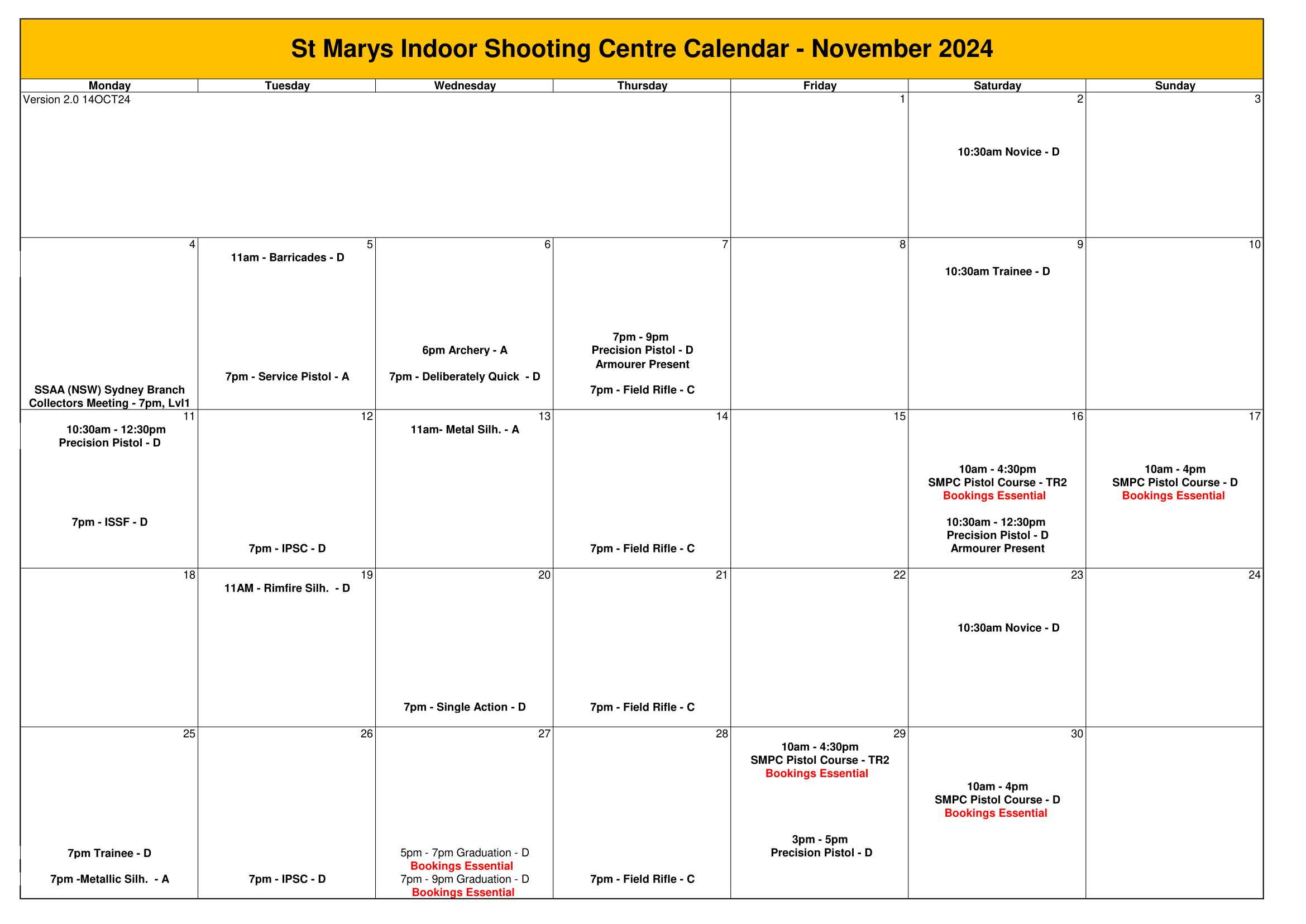 November 2024 Event Calendar St Marys Indoor Shooting